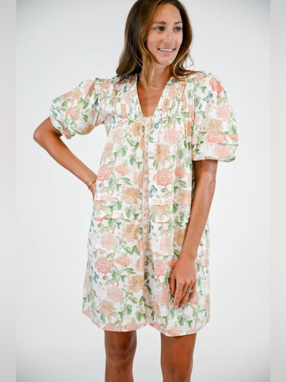 Marigold by Victoria Dunn Floral Puff Sleeve Camille Mini Dress in Peach & Green